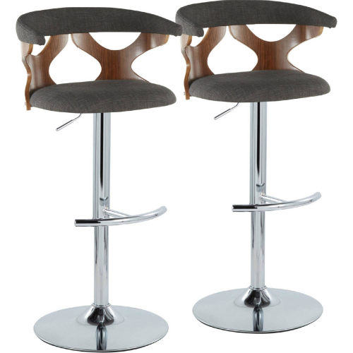 Gardenia Adjustable Swivel Bar Stool in Chrome, Walnut Wood & Charcoal Fabric (Set of 2)